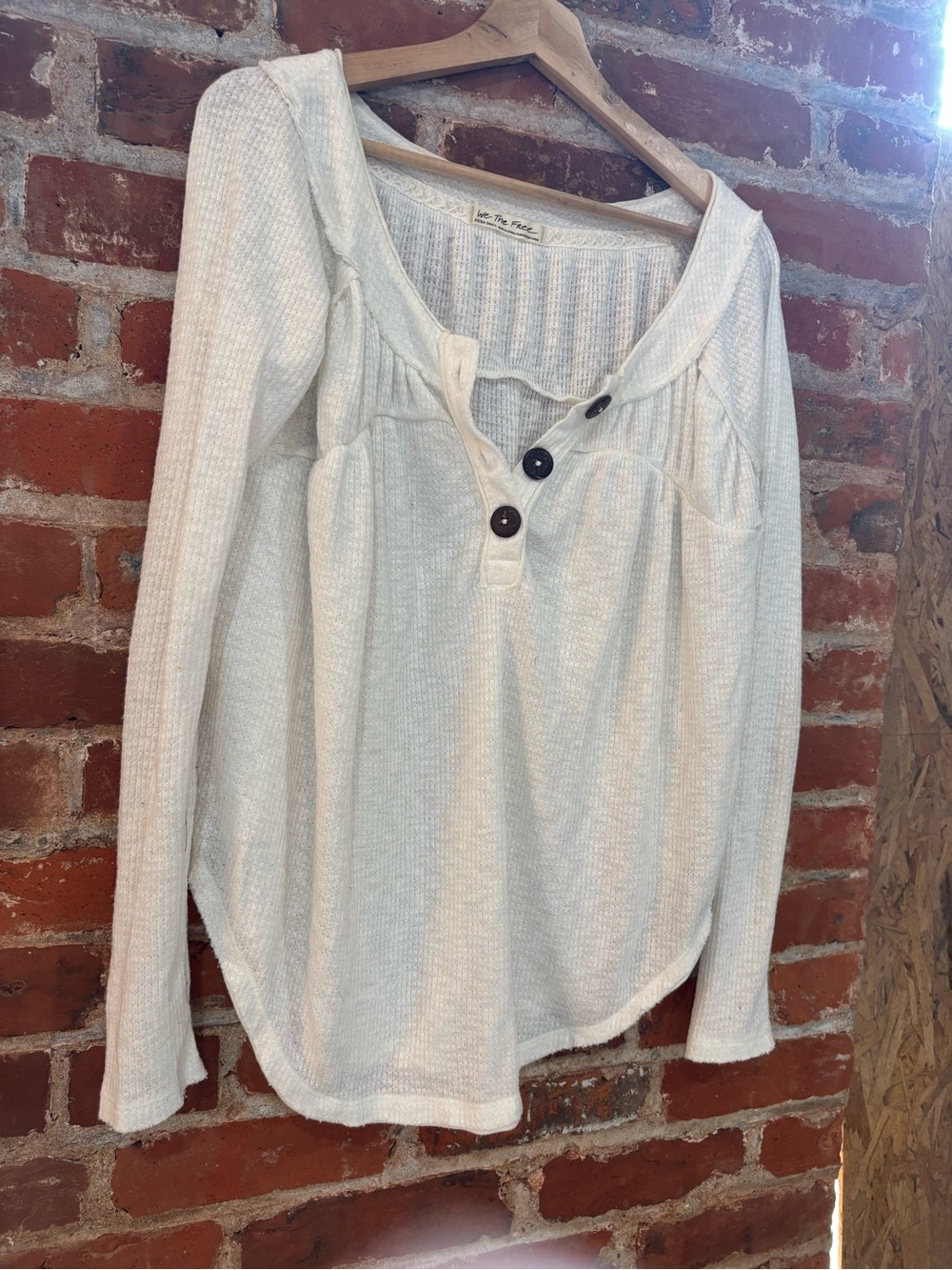 Free People Cream Henley Scoop-Neck Long Sleeve Top